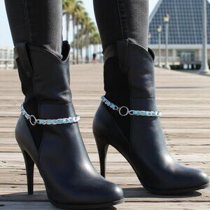 NEW  Women Silver Boot Metal Chain Bracelet Turquoise Band Ring Charm HANDMADE